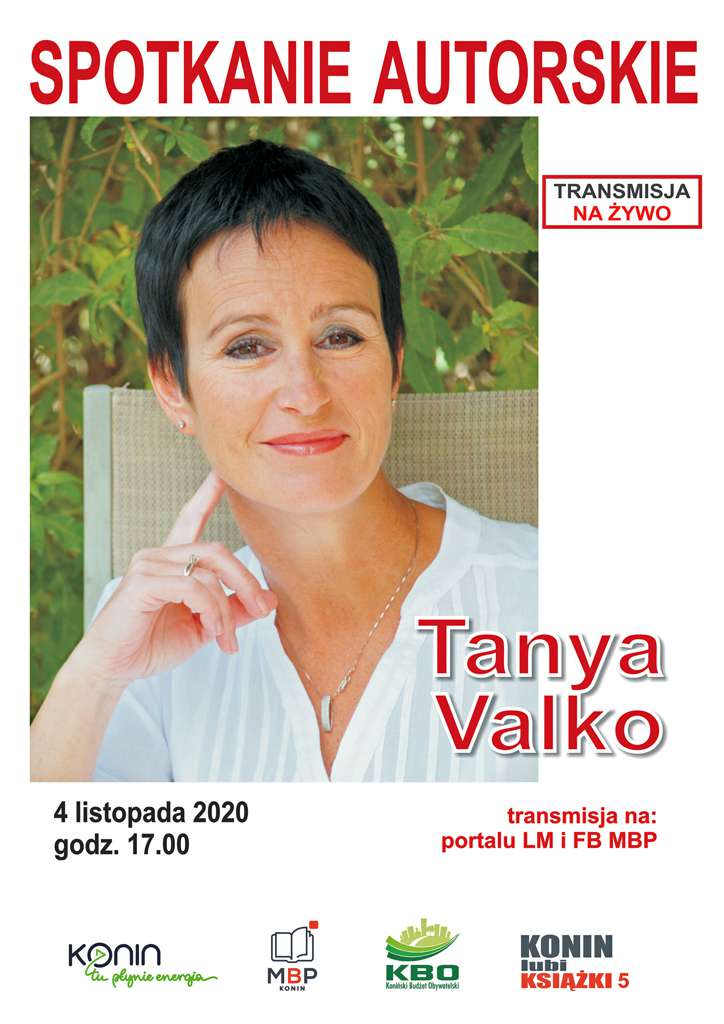 Plakat promujący spotkanie autorskie online z Tanią Valko.