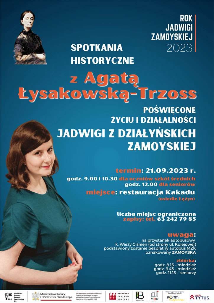 Plakat promujący spotkanie z Agatą Łysakowską-Trzoss. Projekt: MBP w Koninie.