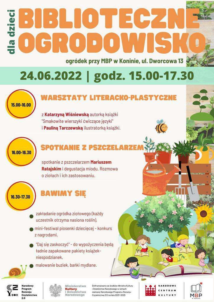 Plakat promujący BIBLIOTECZNE OGRODOWISKO. Projekt MBP w Koninie(eg).