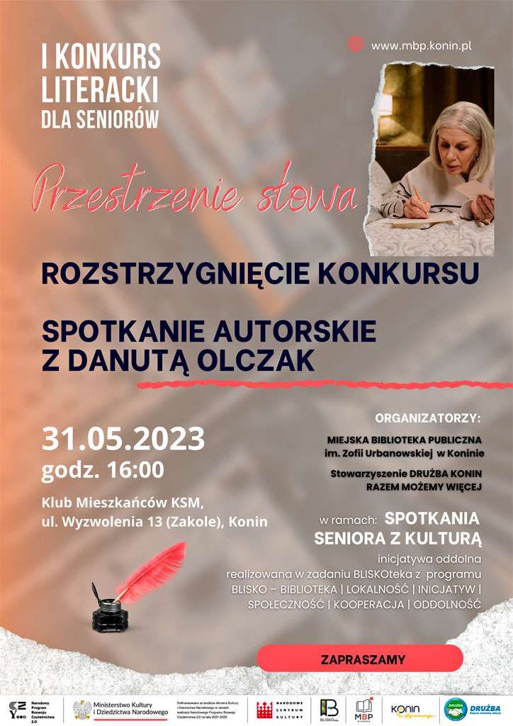 Plakat promujący rozstrzygnięcie konkursu literackiego "Przestrzenie słowa". Projekt: MBP w Koninie (eg)