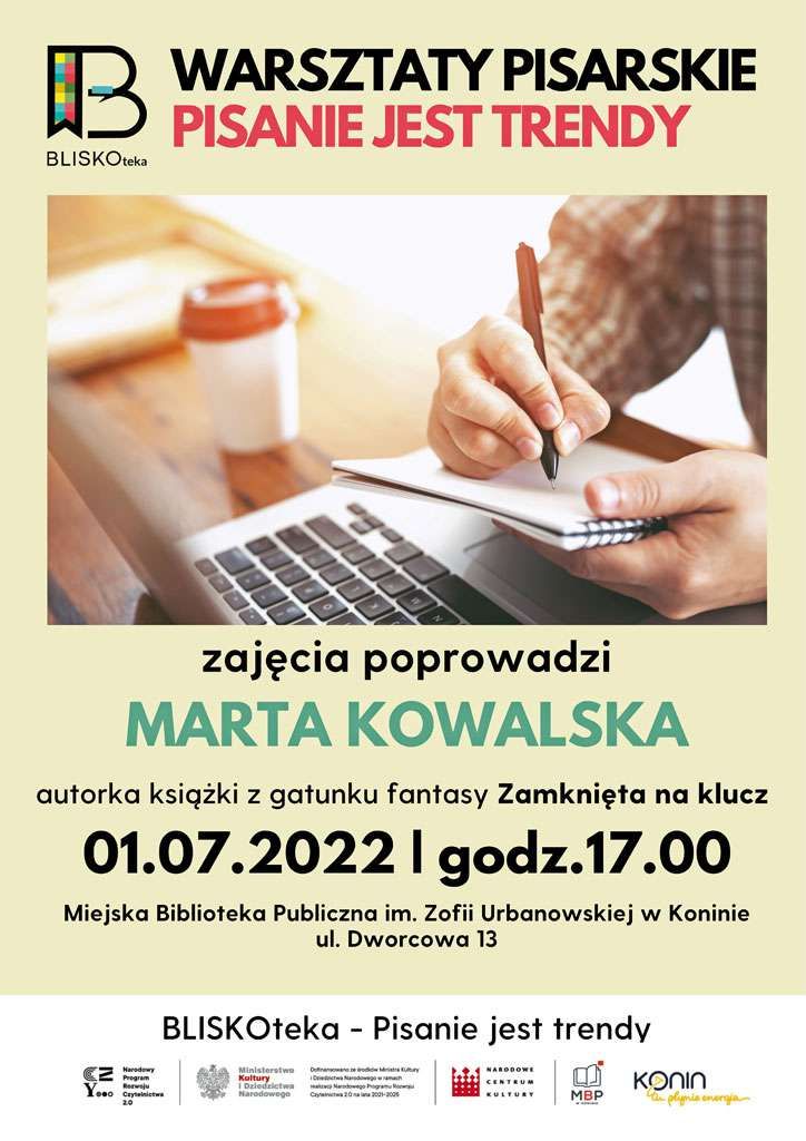 Plakat promujący warsztaty pisarskie PISANIE JEST TRENDY. Projekt MBP Konin (eg).