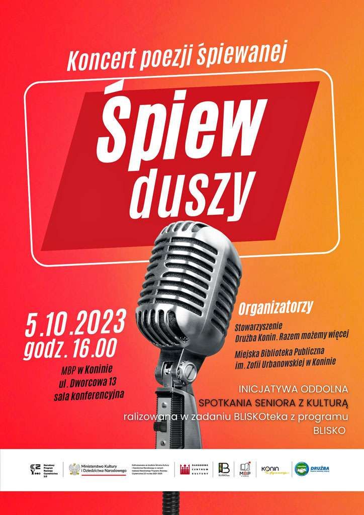 Plakat promujący koncert w MBP w Koninie "Śpiew duszy". Projekt: Emilia Guźnik.